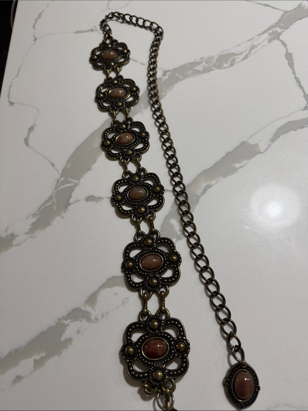 Antique-Style Brown Stone Floral Link Belt